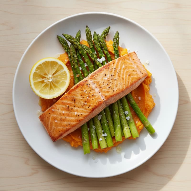 Seared Salmon Filet with Roasted Asparagus and Sweet Potato Mash