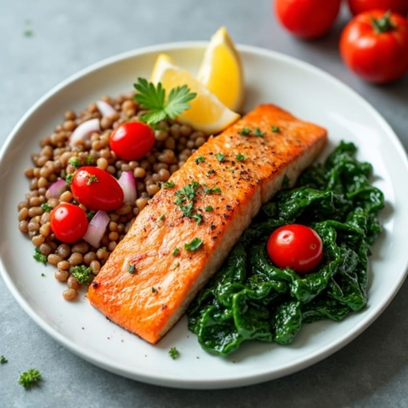 Seared Salmon Fillet with Lentil Salad and Sautéed Spinach