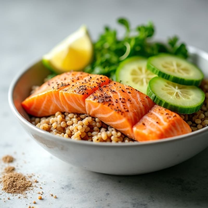 Flaked Salmon Brown Rice Bowl with Crunchy Cucumber and Creamy Avocado