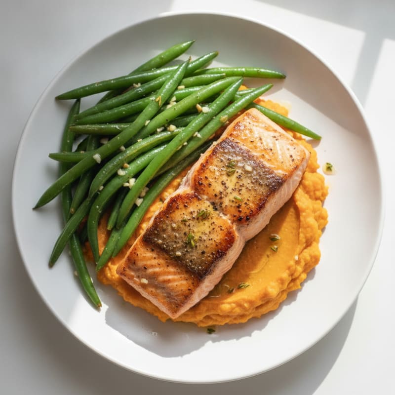 Seared Salmon with Garlic Green Beans and Sweet Potato Mash