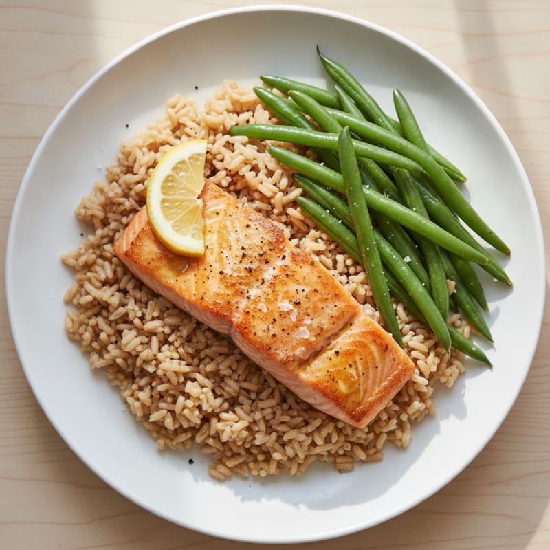 Seared Salmon Fillet with Steamed Green Beans and Brown Rice