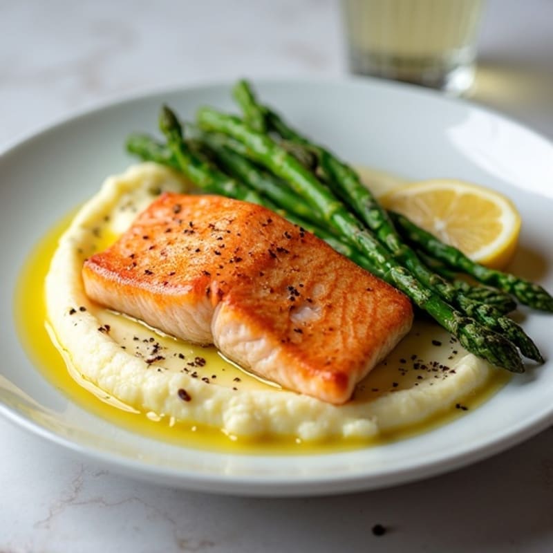 Seared Salmon with Steamed Asparagus and Cauliflower Mash