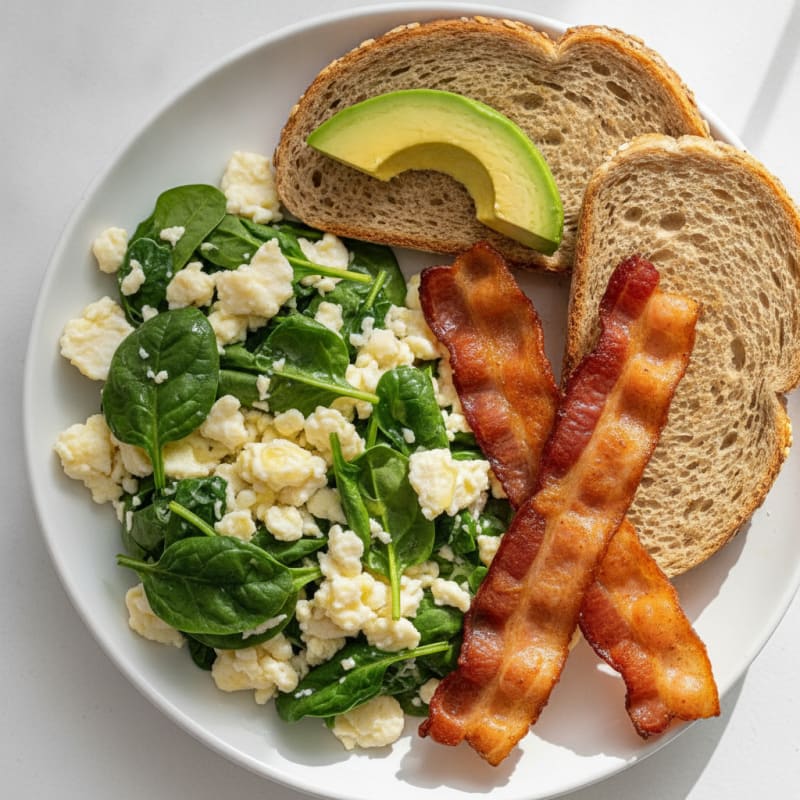 Crispy Turkey Bacon Egg White Scramble with Spinach