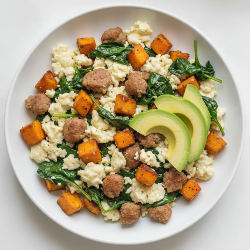 Egg White and Turkey Sausage Scramble with Spinach and Roasted Sweet Potato