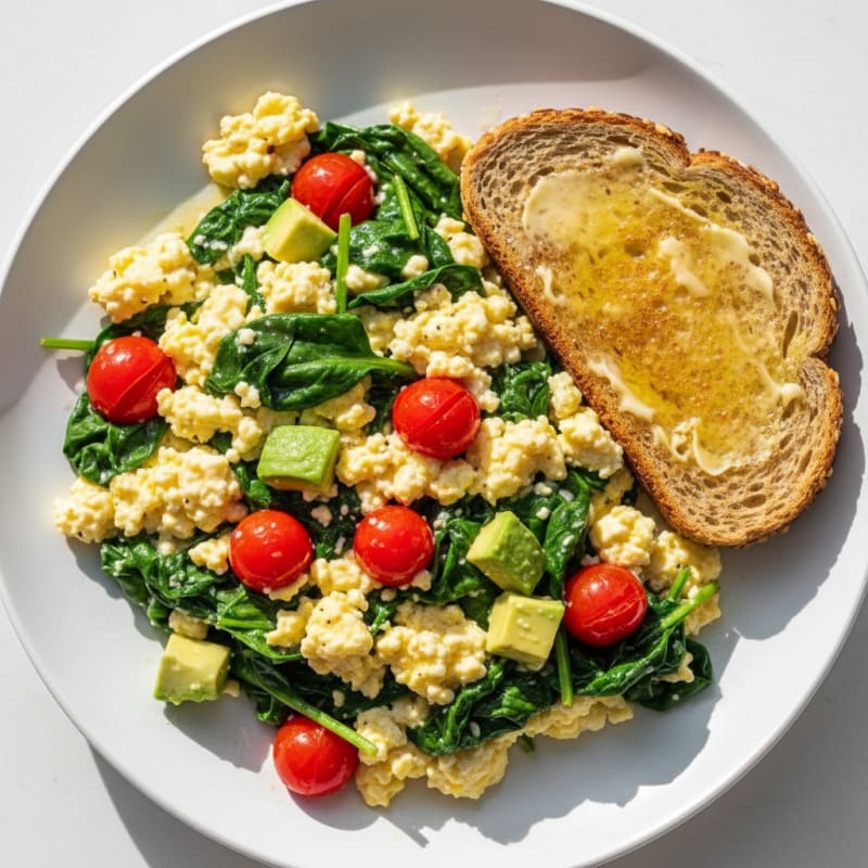 Cottage Cheese Scramble with Sautéed Spinach and Cherry Tomatoes