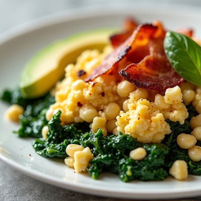 Cottage Cheese Scramble with Sautéed Spinach and Turkey Bacon