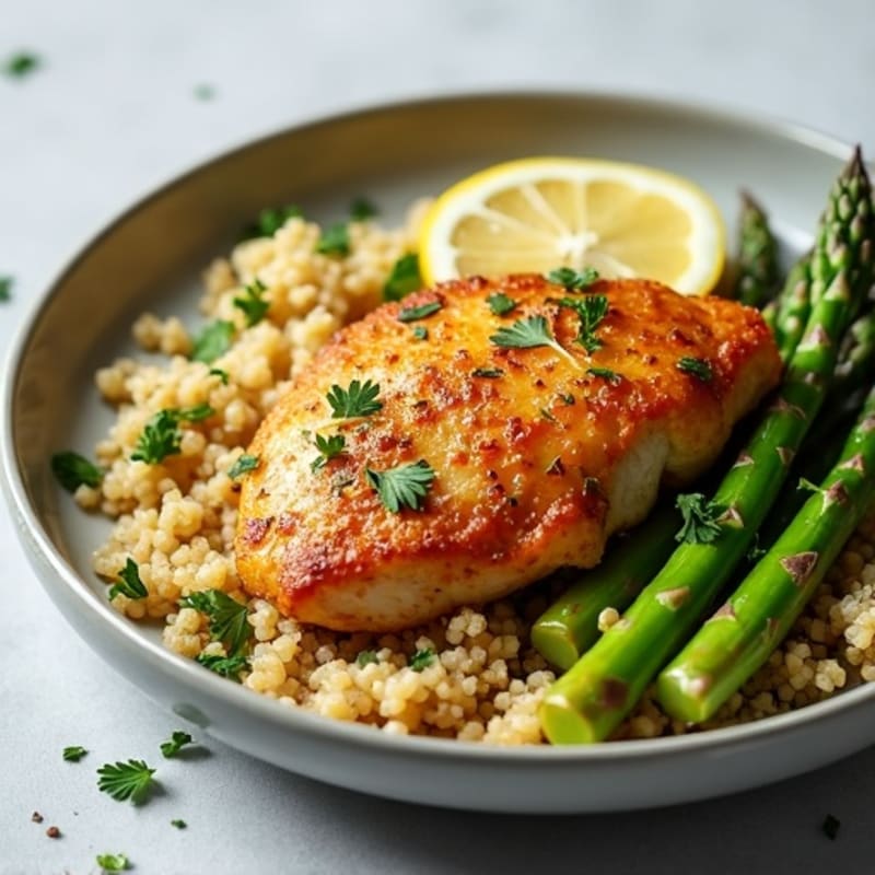 Crispy Lemon Herb Chicken with Roasted Asparagus and Quinoa