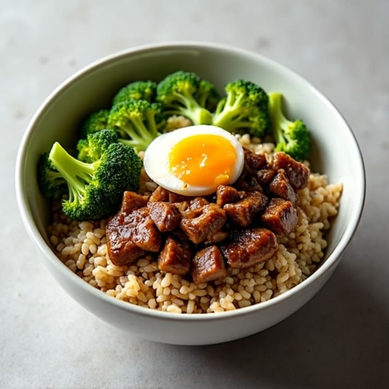 Garlic Ginger Beef and Crispy Broccoli Rice Bowl