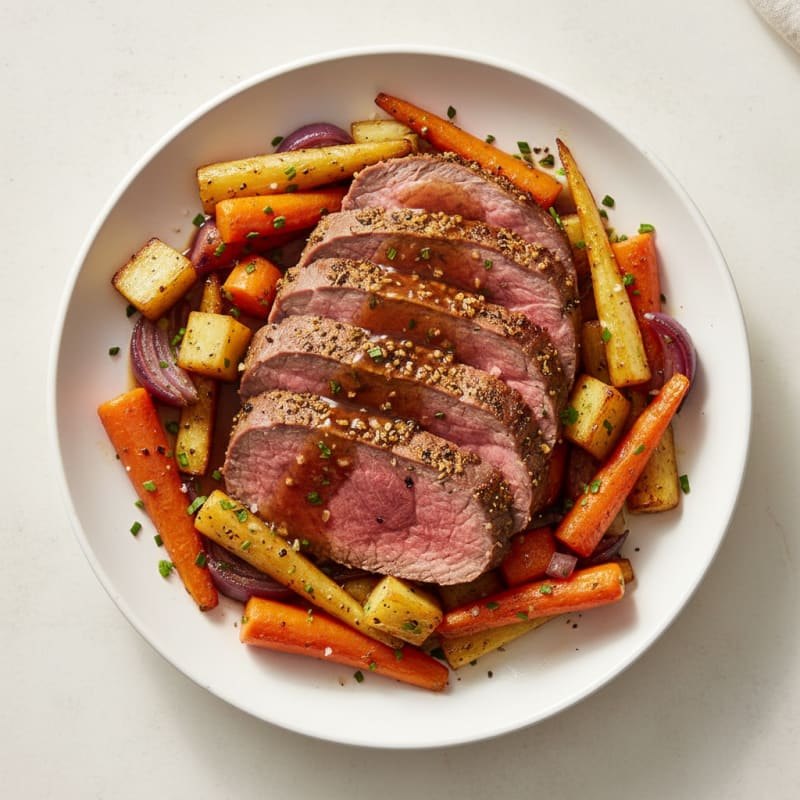 Tender Herb-Crusted Beef Roast with Root Vegetables