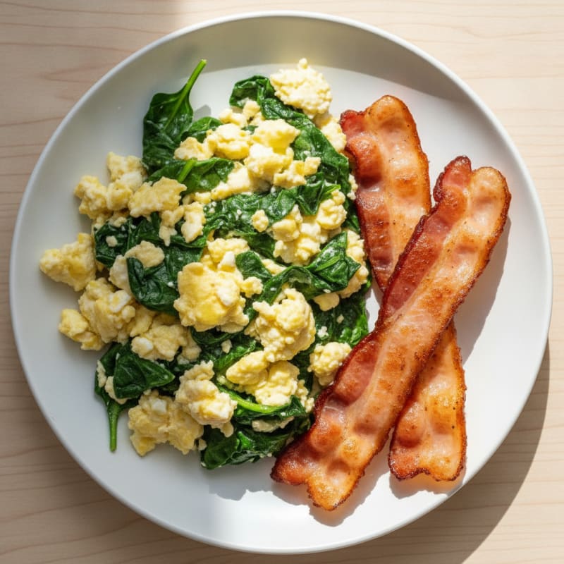 Cottage Cheese Egg Scramble with Spinach and Turkey Bacon