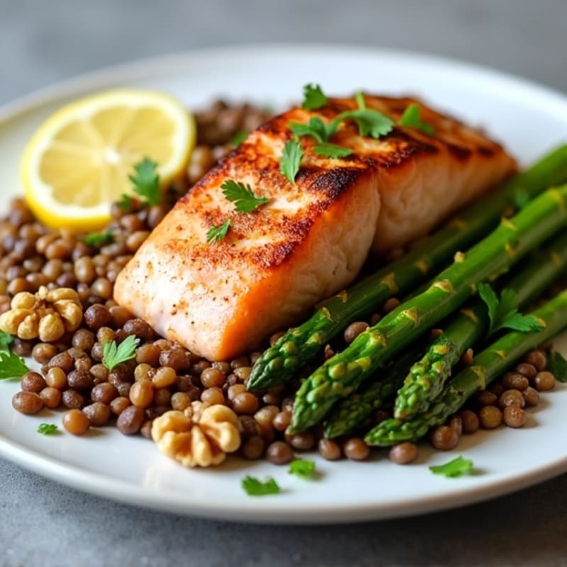 Seared Salmon with Steamed Asparagus and Lentil Salad