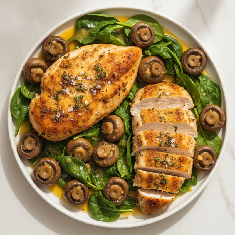 Garlic Butter Roasted Mushrooms with Herb-Crusted Chicken