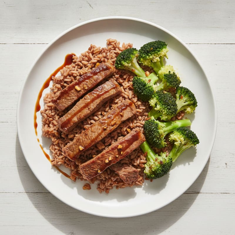 Seared Beef Strips with Brown Rice and Steamed Broccoli