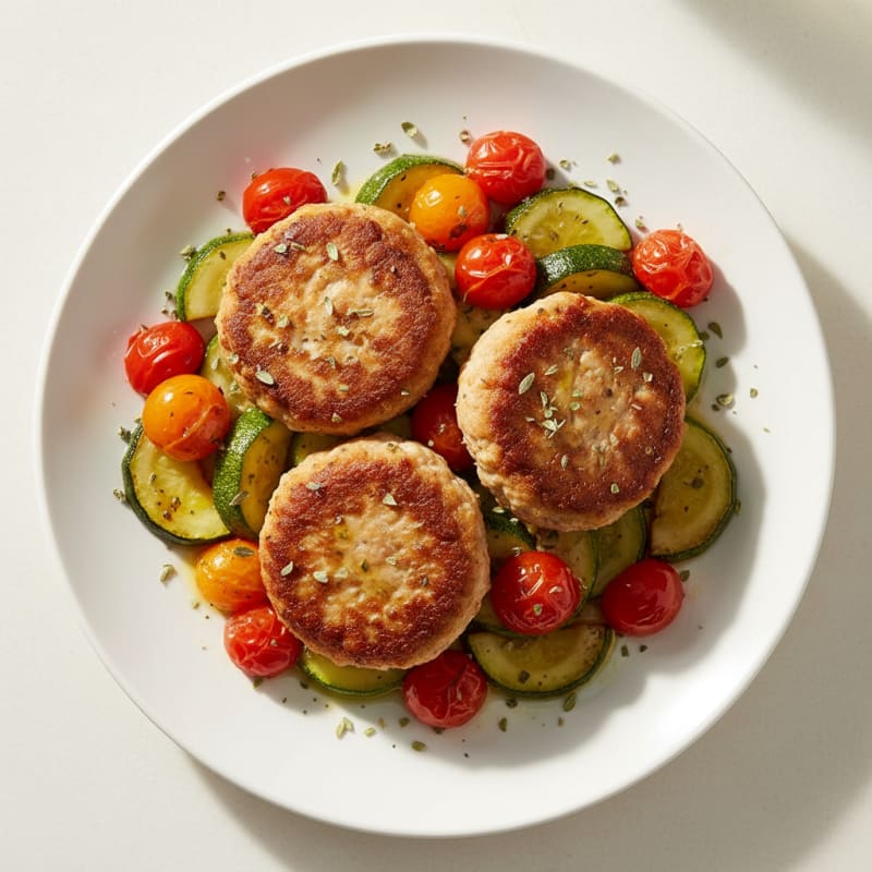Seared Turkey Patties with Roasted Zucchini and Tomato