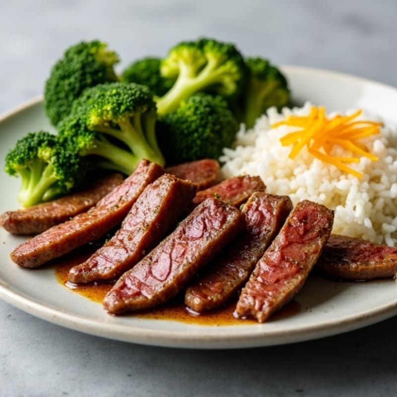 Seared Beef Strips with Roasted Broccoli and Rice