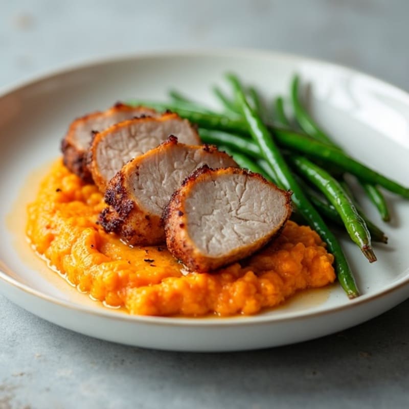 Roasted Pork Tenderloin with Creamy Sweet Potato Mash and Crispy Green Beans