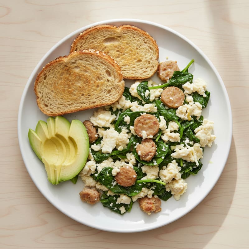 Egg White and Turkey Sausage Scramble with Sautéed Spinach