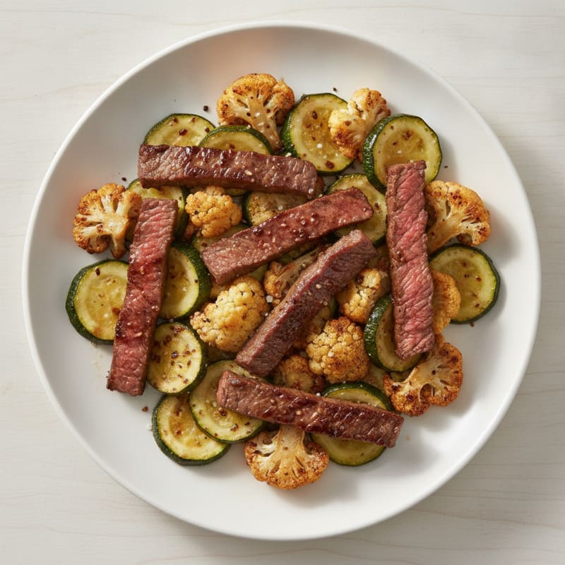 Seared Lean Beef Strips with Roasted Cauliflower and Zucchini