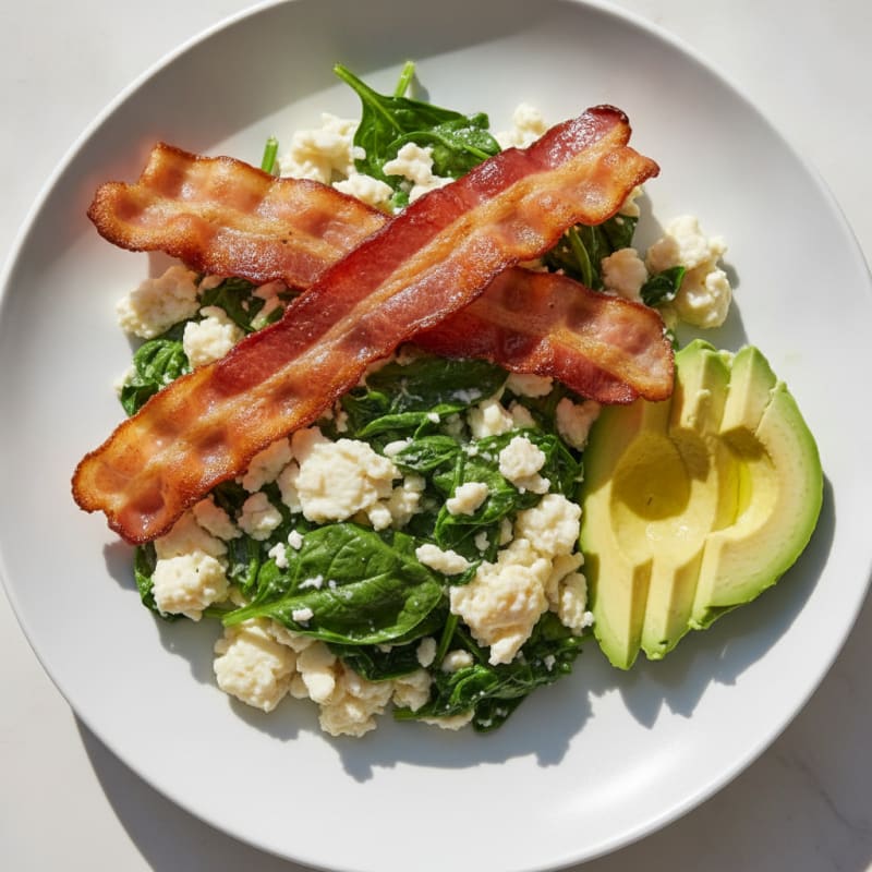 Crispy Turkey Bacon Egg White Scramble with Spinach
