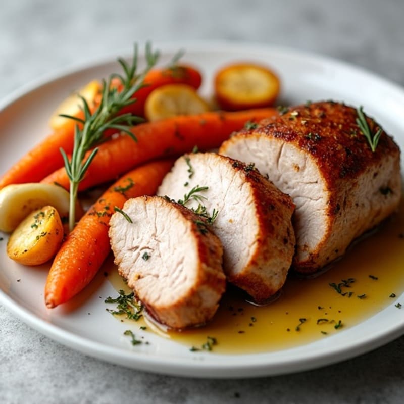 Tender Roasted Pork Tenderloin with Garlic Herb Roasted Root Vegetables