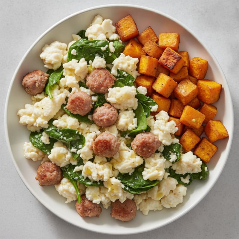 Egg White and Turkey Sausage Scramble with Spinach and Roasted Sweet Potato