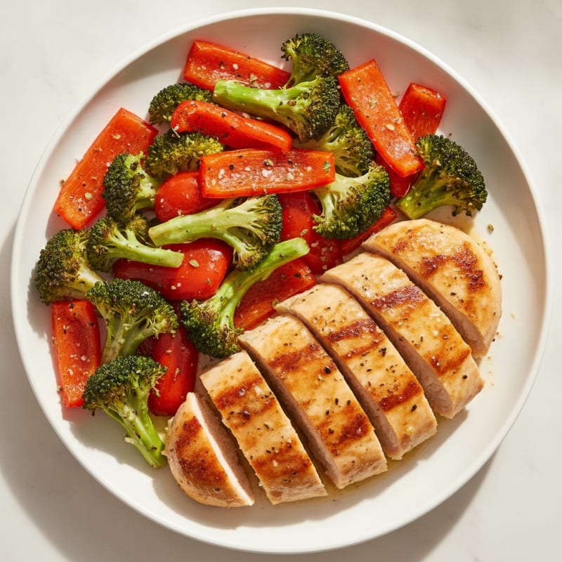 Pan-Seared Lemon Herb Chicken with Roasted Rainbow Vegetables