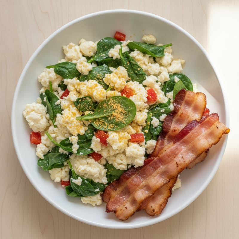 Egg White Spinach Scramble with Grilled Turkey Bacon