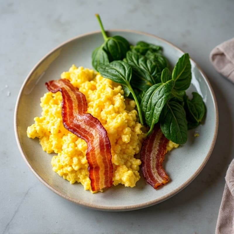 Fluffy Scrambled Eggs with Fresh Spinach and Crispy Turkey Bacon
