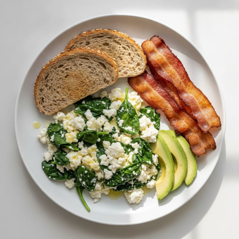 Egg White and Cottage Cheese Scramble with Spinach and Turkey Bacon