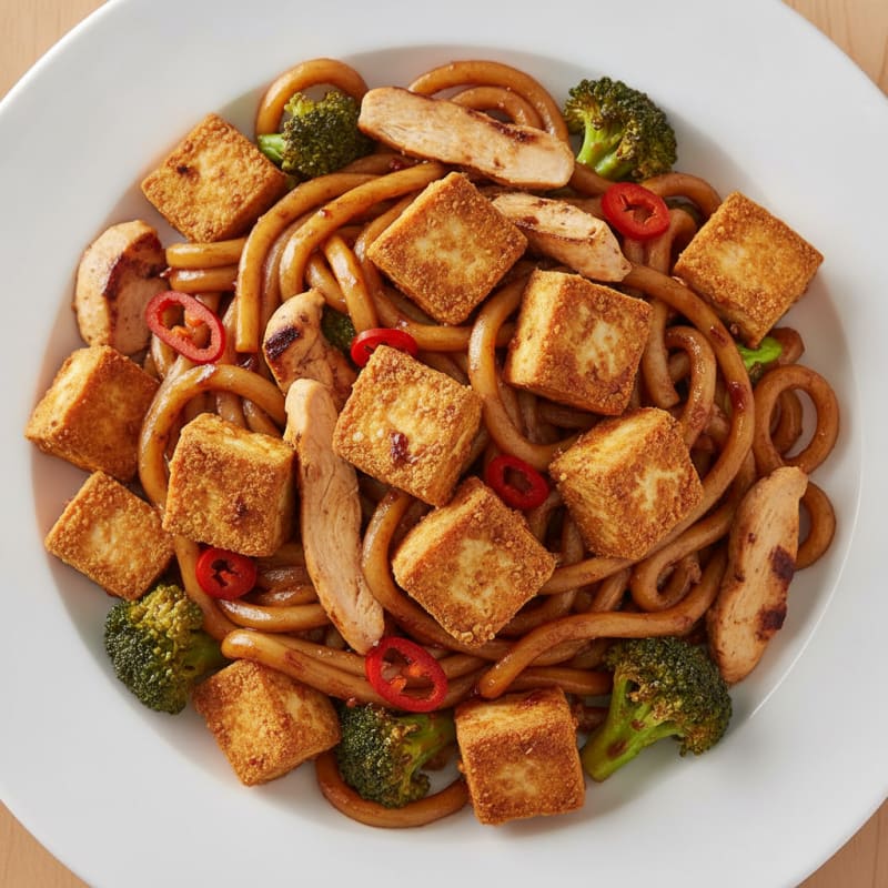 Crispy Tofu and Udon Stir Fry with Broccoli