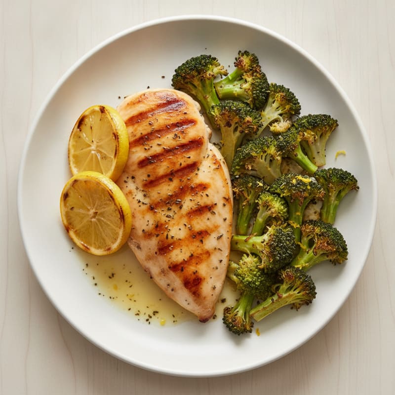 Grilled Chicken Breast with Roasted Broccoli and Lemon