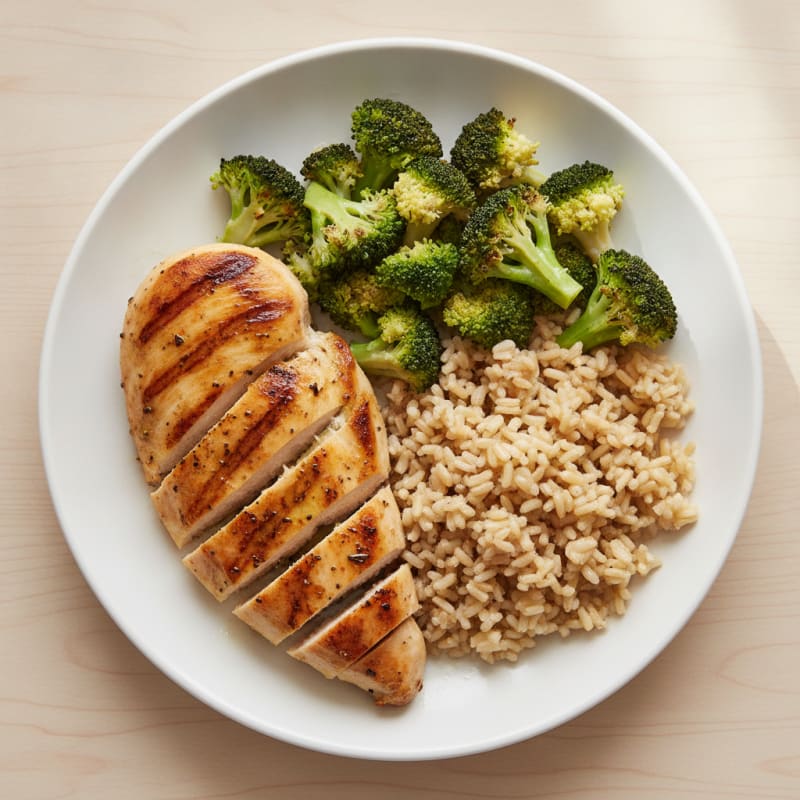 Grilled Chicken Breast with Steamed Broccoli and Brown Rice