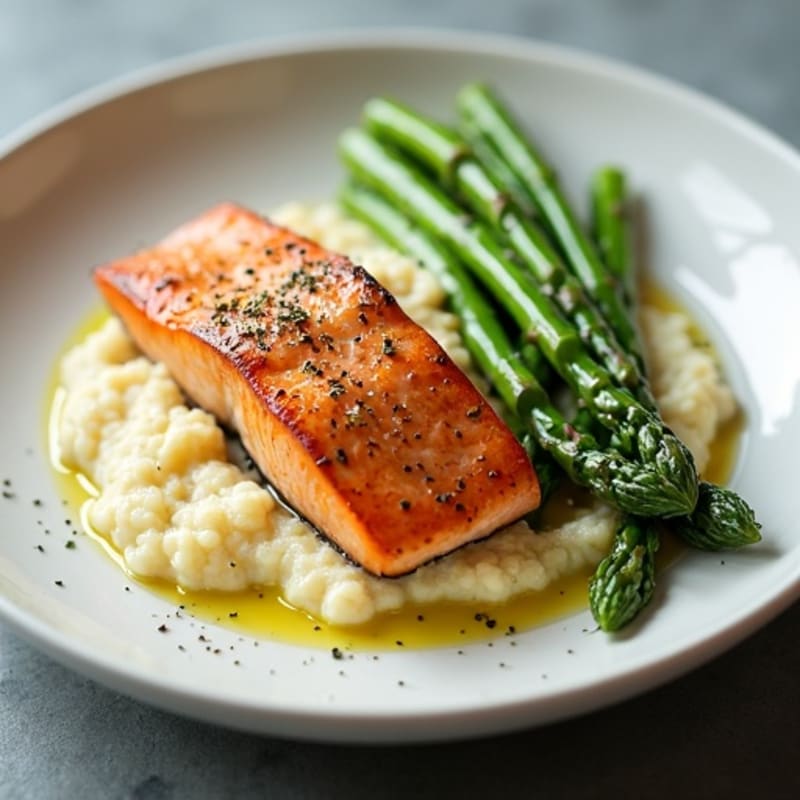 Seared Salmon Fillet with Steamed Asparagus and Garlic Mashed Cauliflower