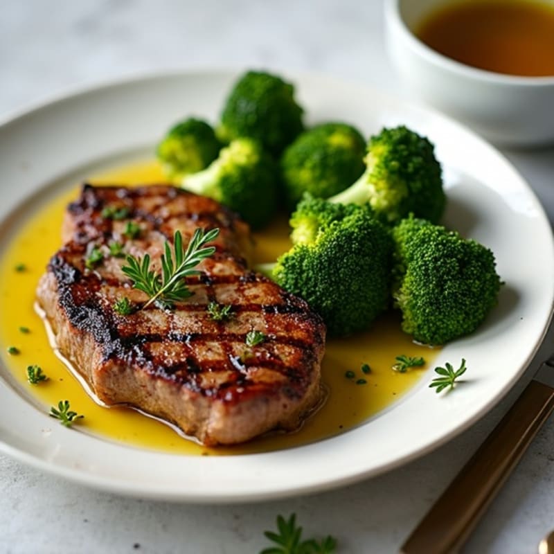 Pan-Seared Garlic Herb Steak with Crispy Roasted Broccoli