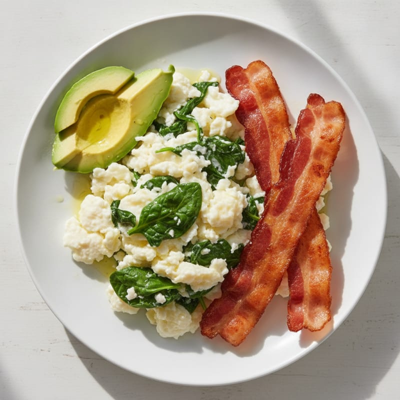Crispy Turkey Bacon and Egg White Scramble with Spinach