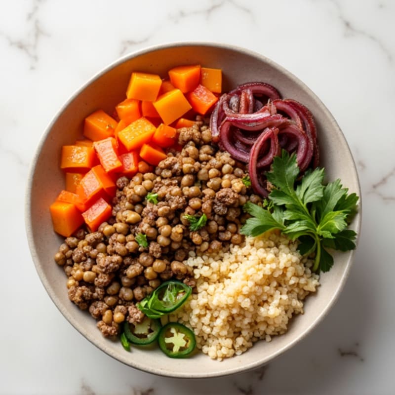 Lentil and Quinoa Protein Power Bowl with Roasted Vegetables
