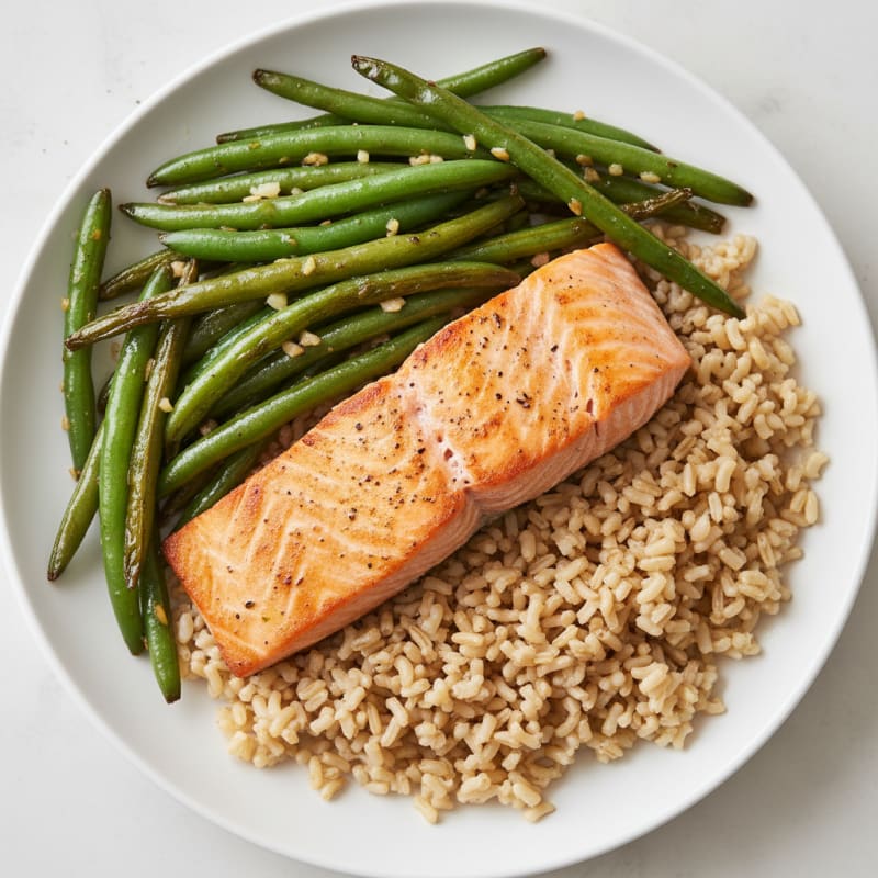Seared Salmon with Garlic Green Beans and Brown Rice