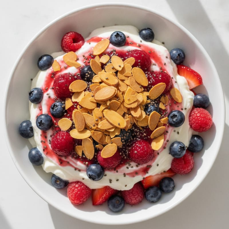 Greek Yogurt Protein Parfait with Mixed Berries and Almonds