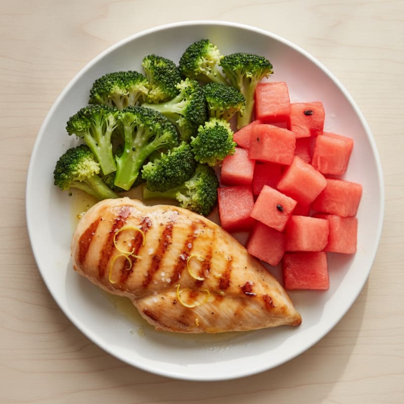 Grilled Chicken Breast with Steamed Broccoli and Watermelon