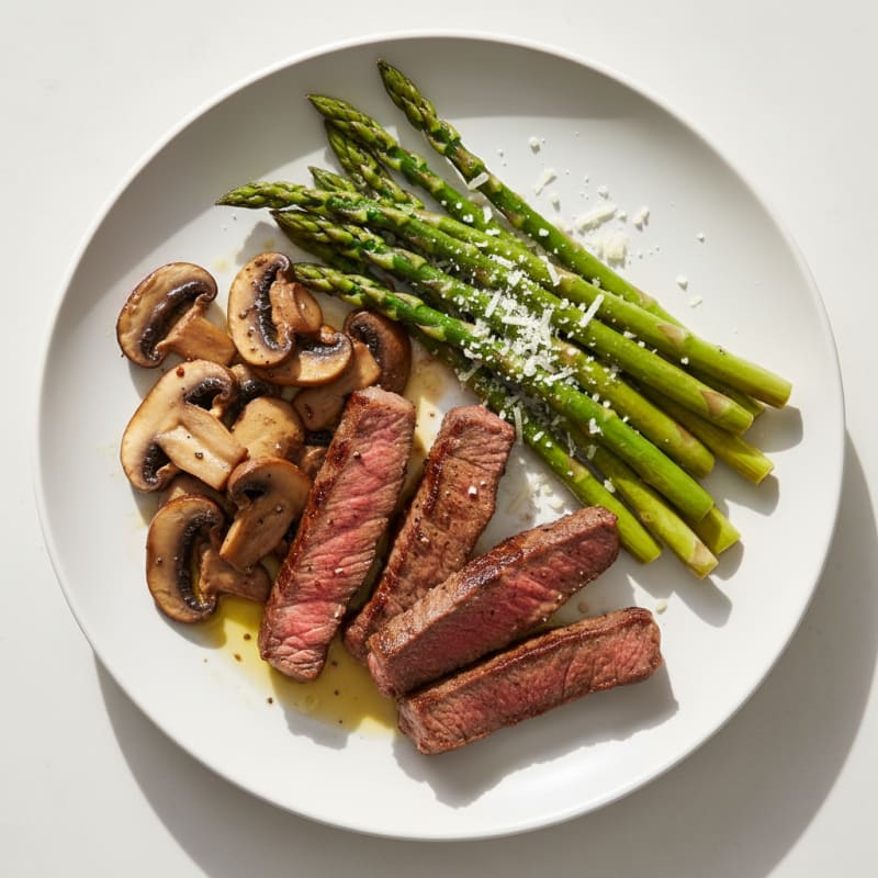 Seared Lean Beef Strips with Sautéed Mushrooms and Parmesan Asparagus
