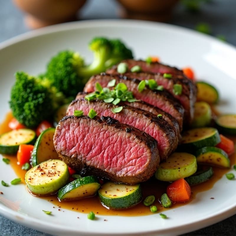 Seared Wagyu Beef with Crispy Zucchini and Broccoli Stir Fry
