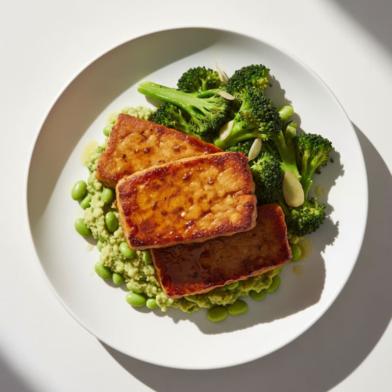Seared Tempeh Steaks with Garlic Broccoli and Edamame Mash