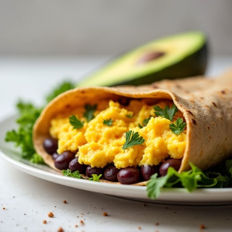 Fluffy Scrambled Egg and Black Bean Breakfast Burrito with Fresh Avocado