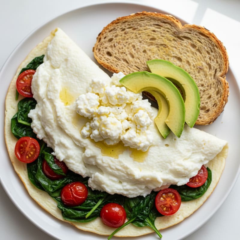 Egg White Spinach Omelette with Cottage Cheese and Cherry Tomatoes