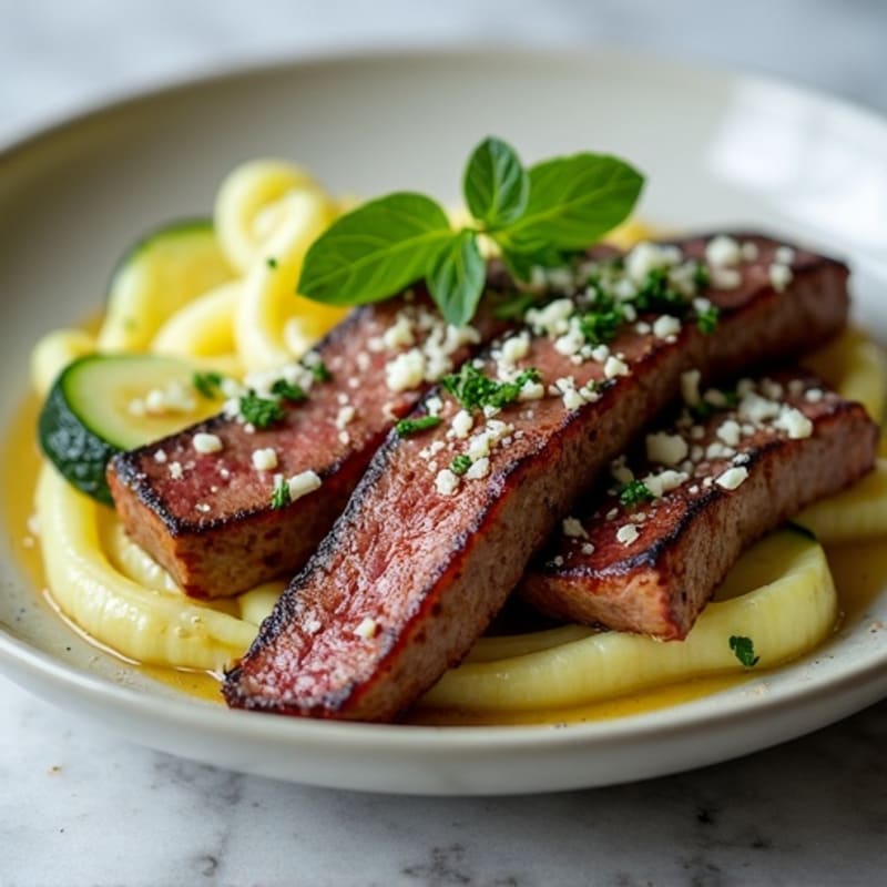 Seared Lean Beef Strips with Sautéed Zucchini and Parmesan