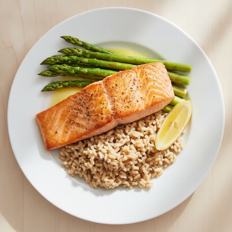 Seared Salmon Fillet with Steamed Asparagus and Brown Rice