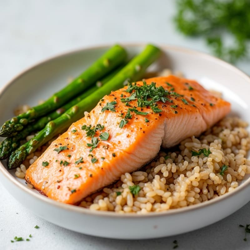 Baked Salmon with Steamed Asparagus and Brown Rice