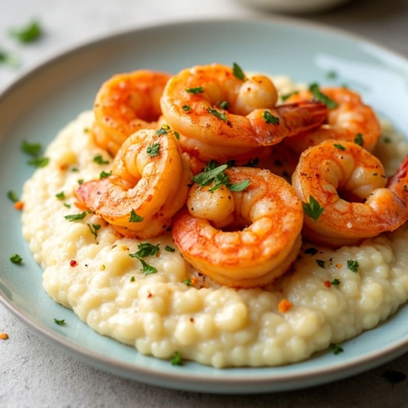 Creamy Cauliflower Grits with Spicy Garlic Shrimp