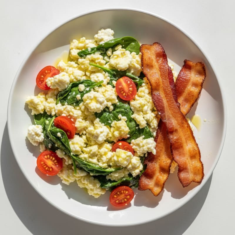 Cottage Cheese Scramble with Turkey Bacon and Spinach