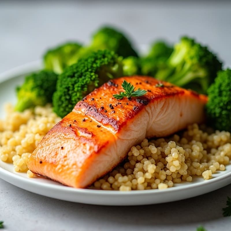 Seared Salmon with Steamed Broccoli and Quinoa